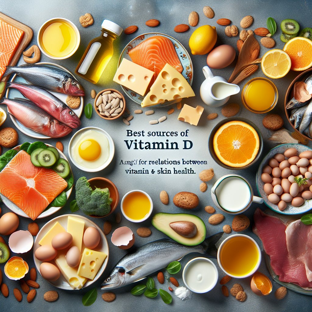 A vibrant array of foods and supplements rich in Vitamin D, promoting healthy skin and well-being.