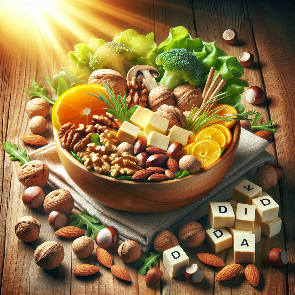 Colorful salad bowl filled with Vitamin D-rich nuts, mushrooms, and tofu cubes