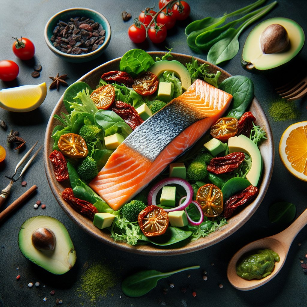 A vibrant and nutritious Vitamin D-rich salad featuring grilled salmon, leafy greens, avocado, and sun-dried tomatoes, exuding freshness and vitality.