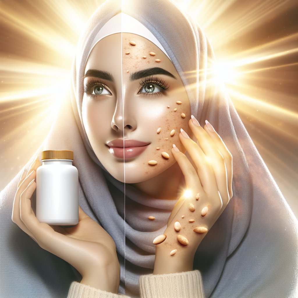 Radiant individual holding a bottle of vitamin D supplements, with beams of sunlight symbolizing the vitamin's beneficial effects on skin health