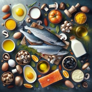 A diverse display of natural food sources rich in ortho molecular vitamin D including fatty fish, egg yolks, mushrooms, and fortified dairy products.