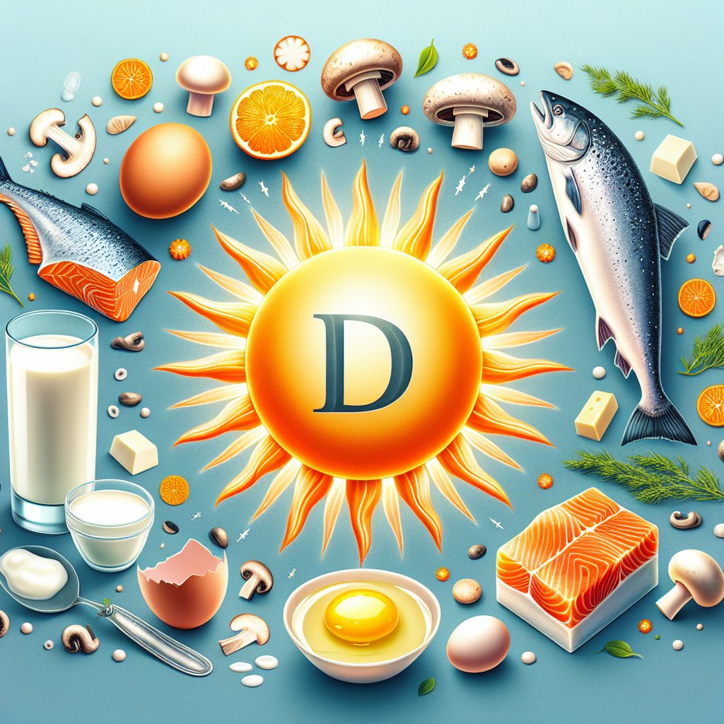 Variety of Vitamin D sources: sunlight, fortified milk, fatty fish, eggs, and mushrooms arranged in an appealing composition