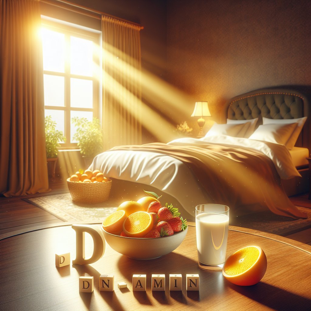 Sunlight streaming into a serene bedroom with Vitamin D-rich fruits on bedside table