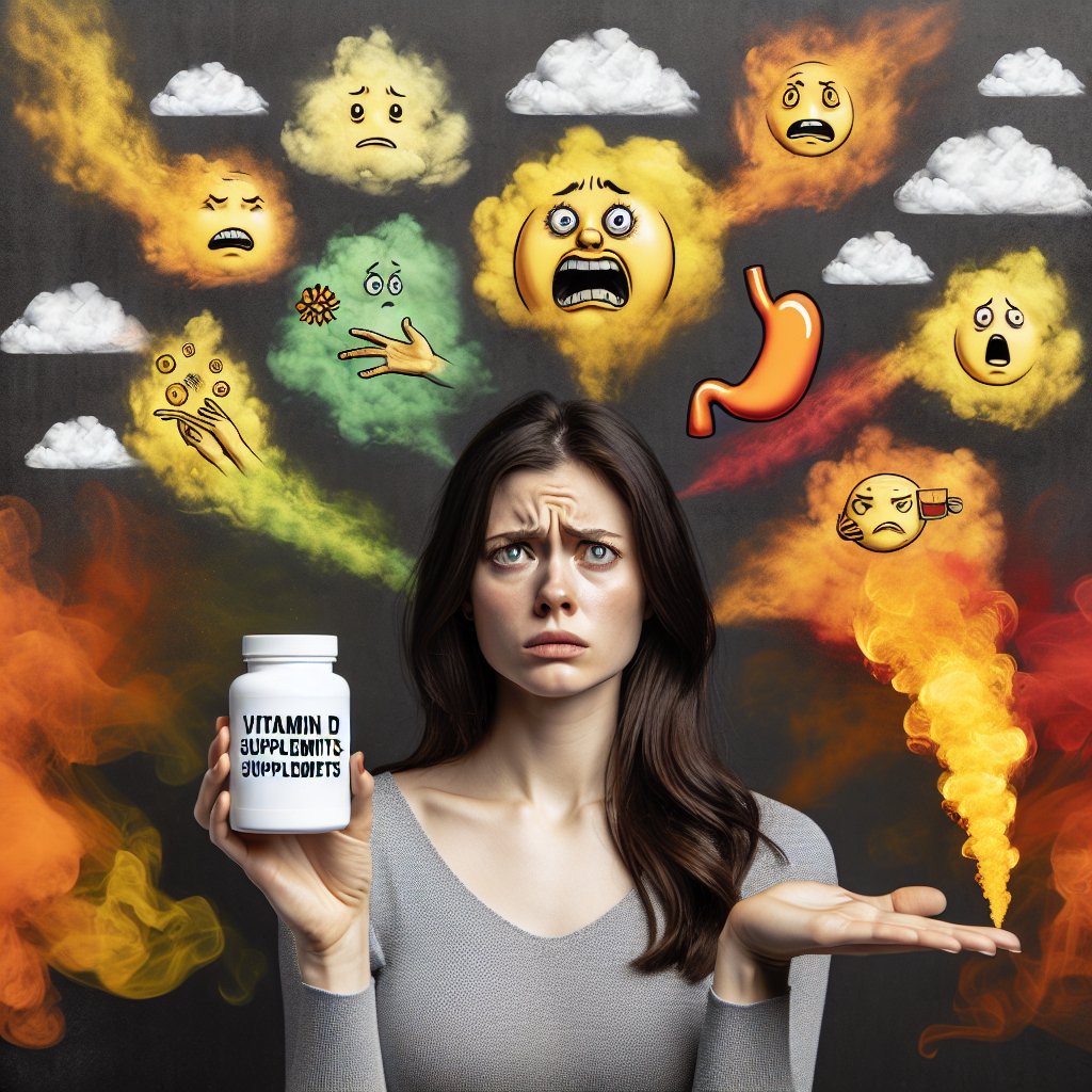 Person holding a bottle of Vitamin D supplements with a puzzled expression, surrounded by side effects such as nausea, stomach pain, and heartburn, with ghostly reflux sensation emanating from the bottle.