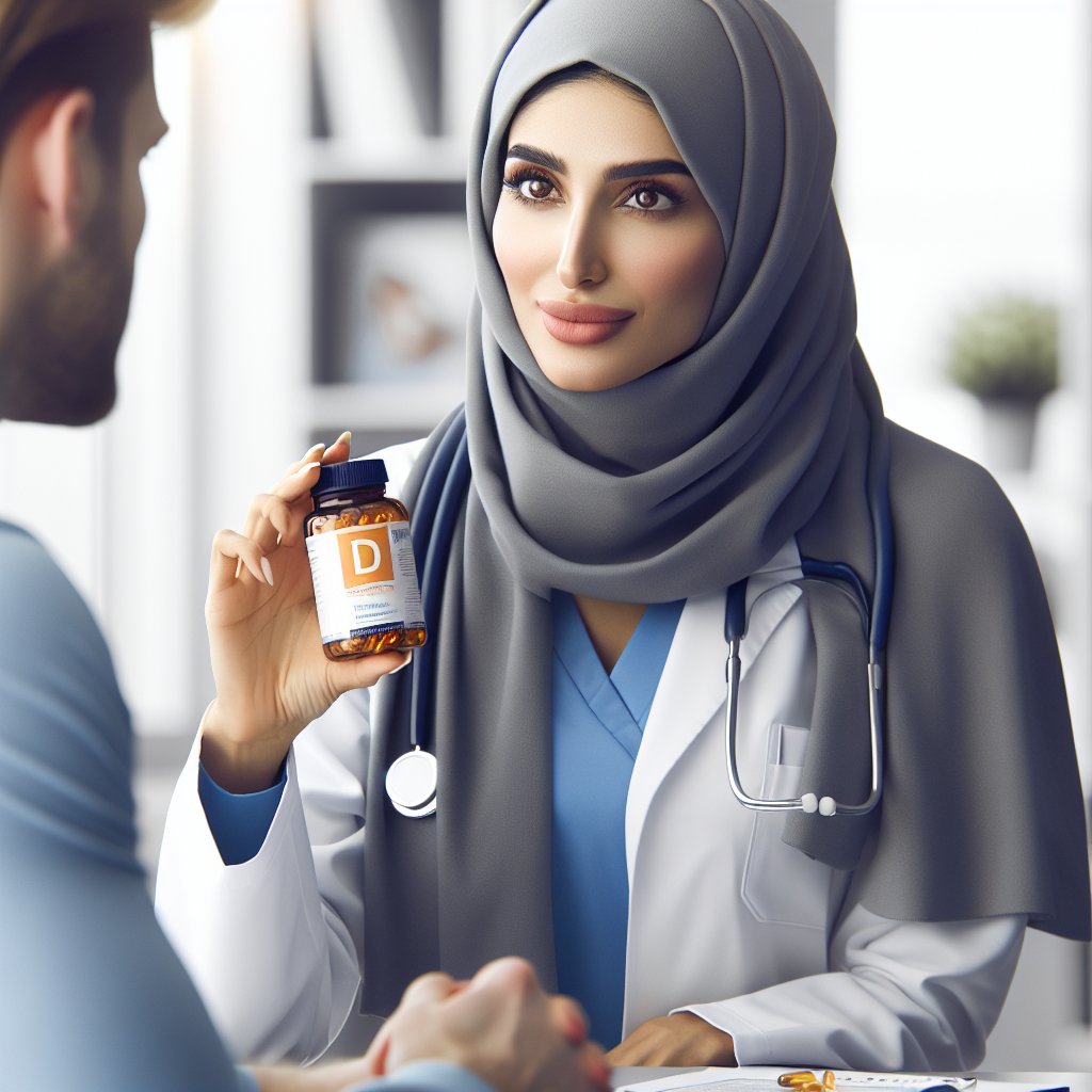 Healthcare professional explaining Vitamin D benefits to a patient in medical setting