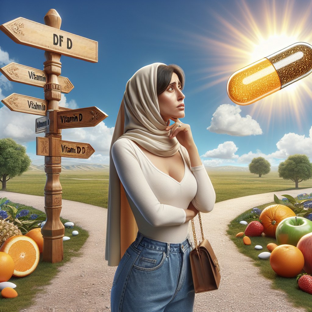 Person standing at a crossroads with a signpost, pondering between a giant Vitamin D spray bottle and a giant Vitamin D pill, surrounded by vibrant and healthy elements