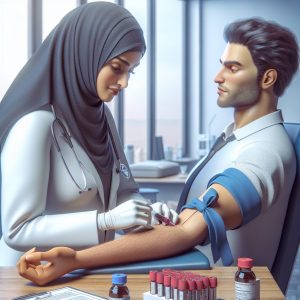 Healthcare professional drawing blood from a patient's arm for a Vitamin D level test in a calm and professional laboratory setting.