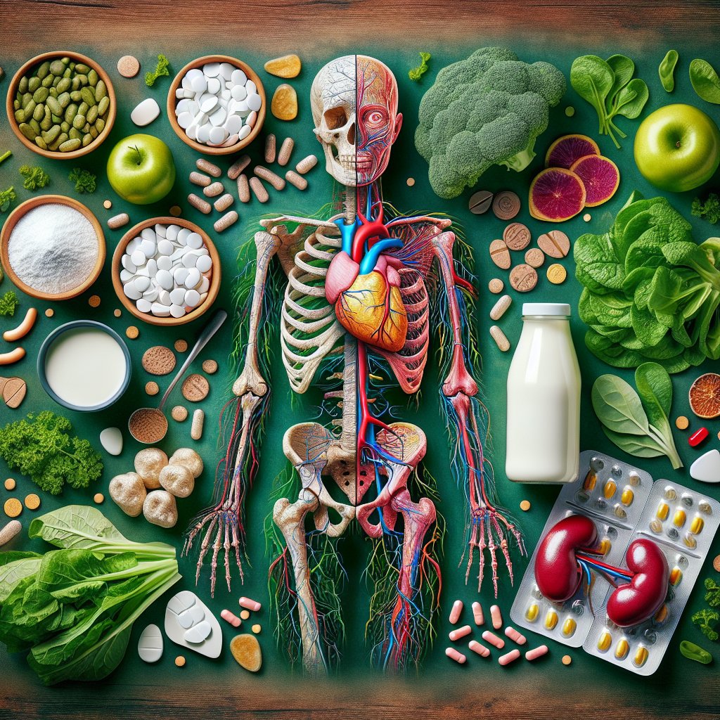 Skeleton surrounded by leafy vegetables and dairy products, with heart-shaped vitamin D supplement and kidneys with pills, depicting the impact of excessive Vitamin D on health