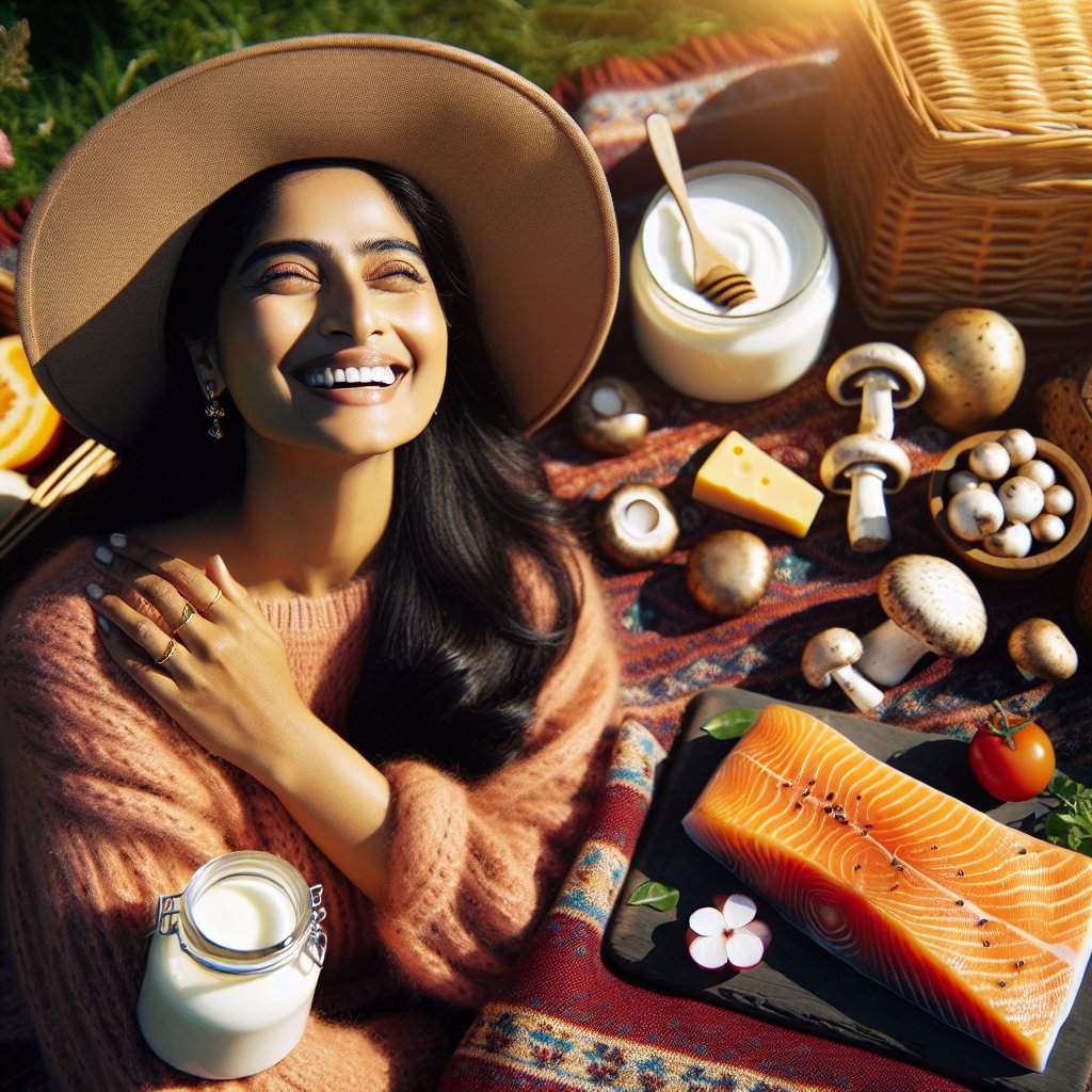 Person basking in sun surrounded by vibrant and healthy foods, symbolizing the role of Vitamin D in overall health