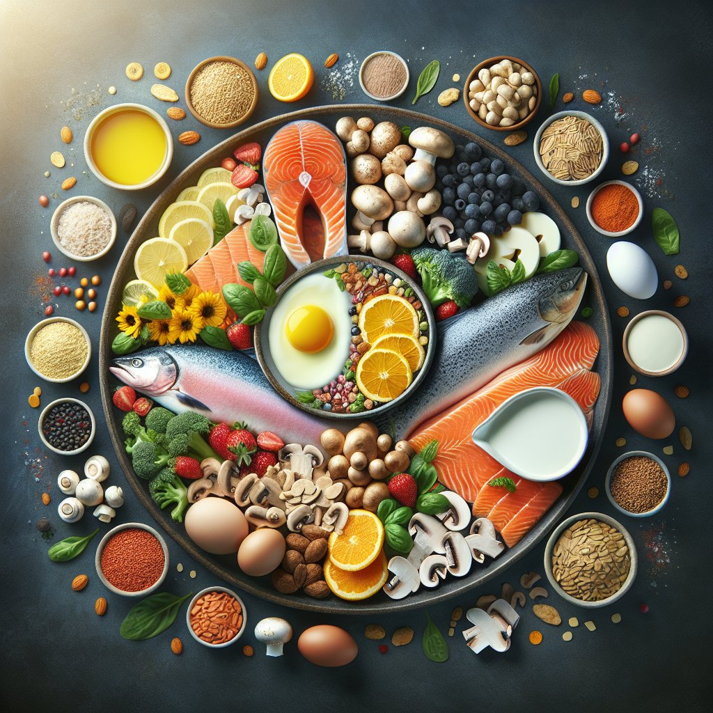A vibrant food platter with wild-caught salmon, eggs, fortified cereals, dairy products, mushrooms, and nutritional yeast - natural sources of Vitamin D and B12.