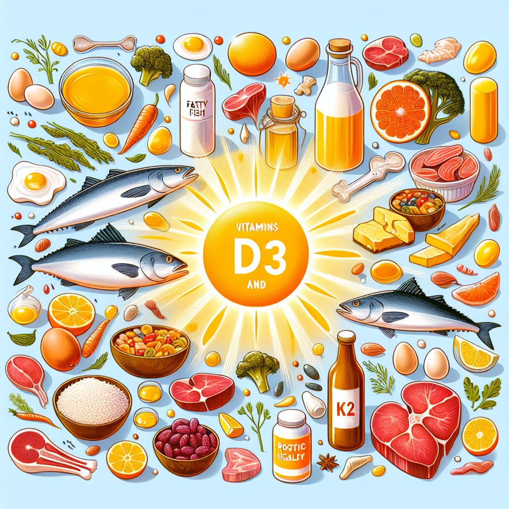 A visually appealing spread of vibrant, sun-kissed foods high in vitamin D3 and K2, symbolizing the nourishment and vitality these vitamins provide for overall health and well-being.