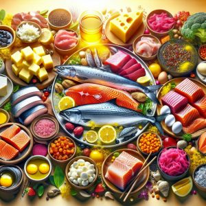 Assorted Vitamin D3 and K2 Rich Foods including salmon, mackerel, egg yolks, cheese, liver, and fermented foods in an appealing arrangement