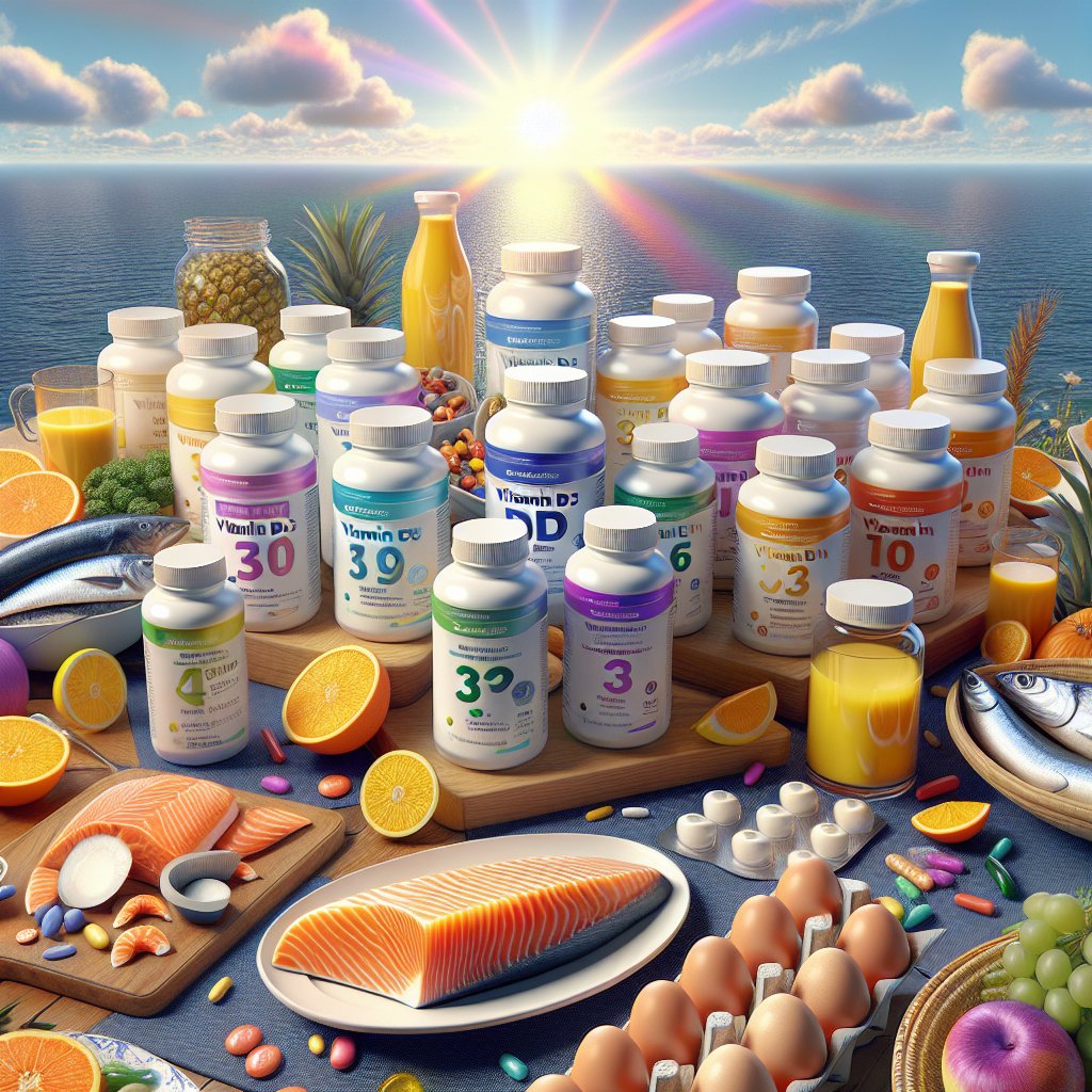 Colorful variety of vitamin D3 supplement bottles surrounded by natural sources of sunlight, fish, eggs, and dairy products, emphasizing the importance of balanced vitamin D3 intake for well-being and vitality.