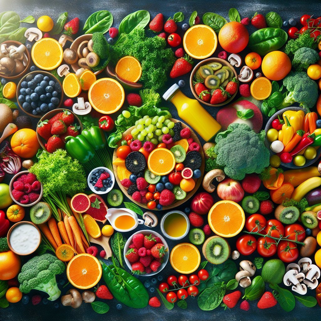 A vibrant and bountiful vegetarian spread featuring a colorful array of fruits, vegetables, and plant-based sources of Vitamin D3, symbolizing vitality and nourishment for vegetarian wellness.