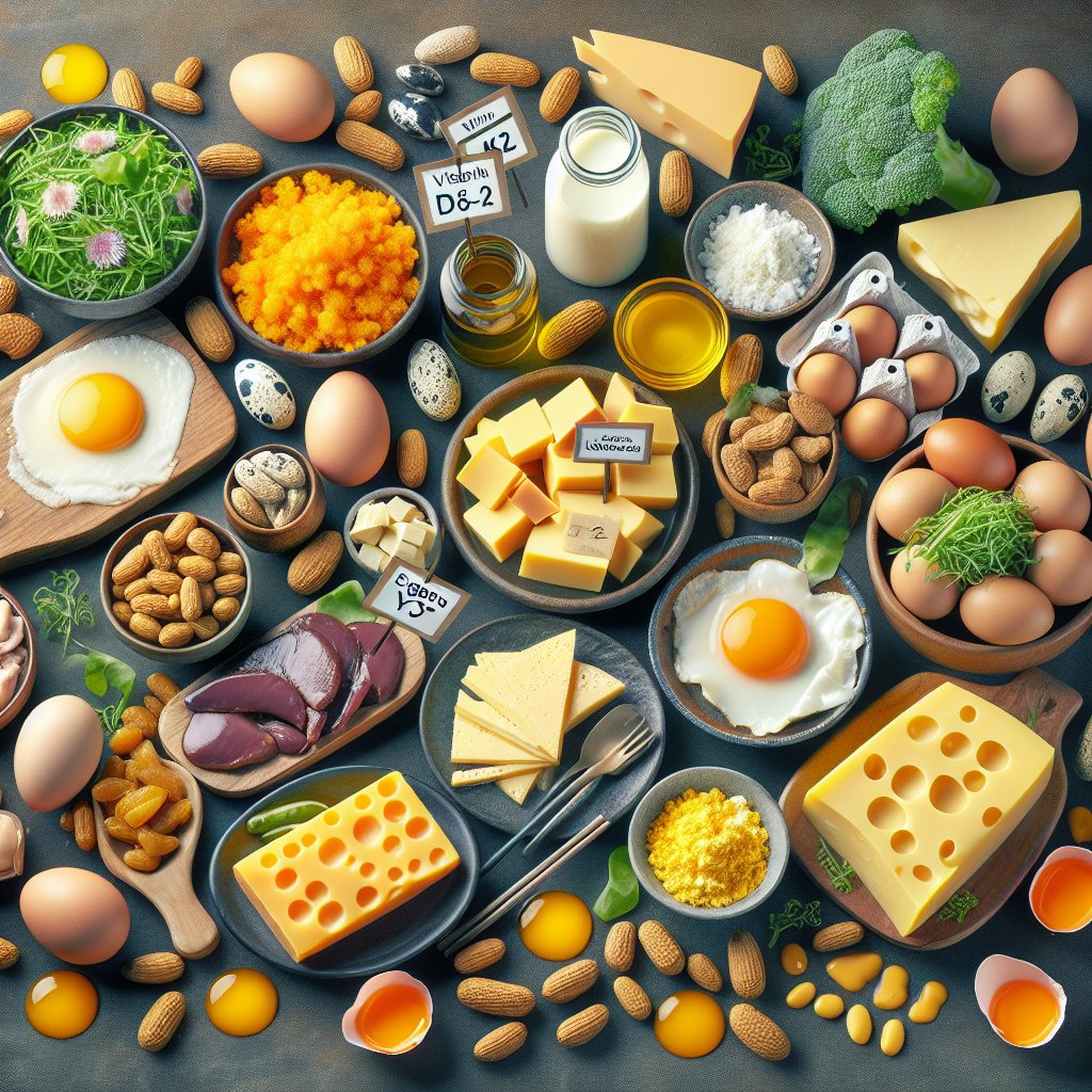 Vibrant and diverse assortment of foods rich in vitamin K2, including natto, cheese, egg yolks, and chicken liver, arranged attractively to showcase the variety of sources for vitamin K2.