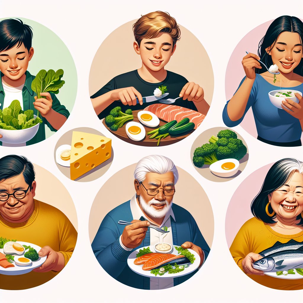 Diverse group of individuals of various age groups enjoying vitamin-rich foods like fatty fish, egg yolks, cheese, and green leafy vegetables