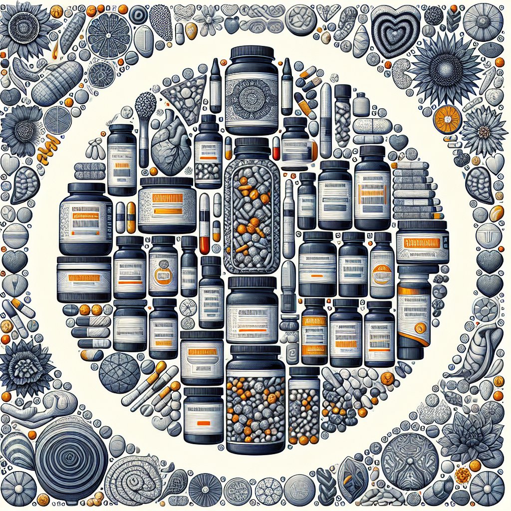 Diverse array of vitamin supplements arranged in an intricate pattern, symbolizing alternative sources of essential vitamins for wound healing post-surgery.
