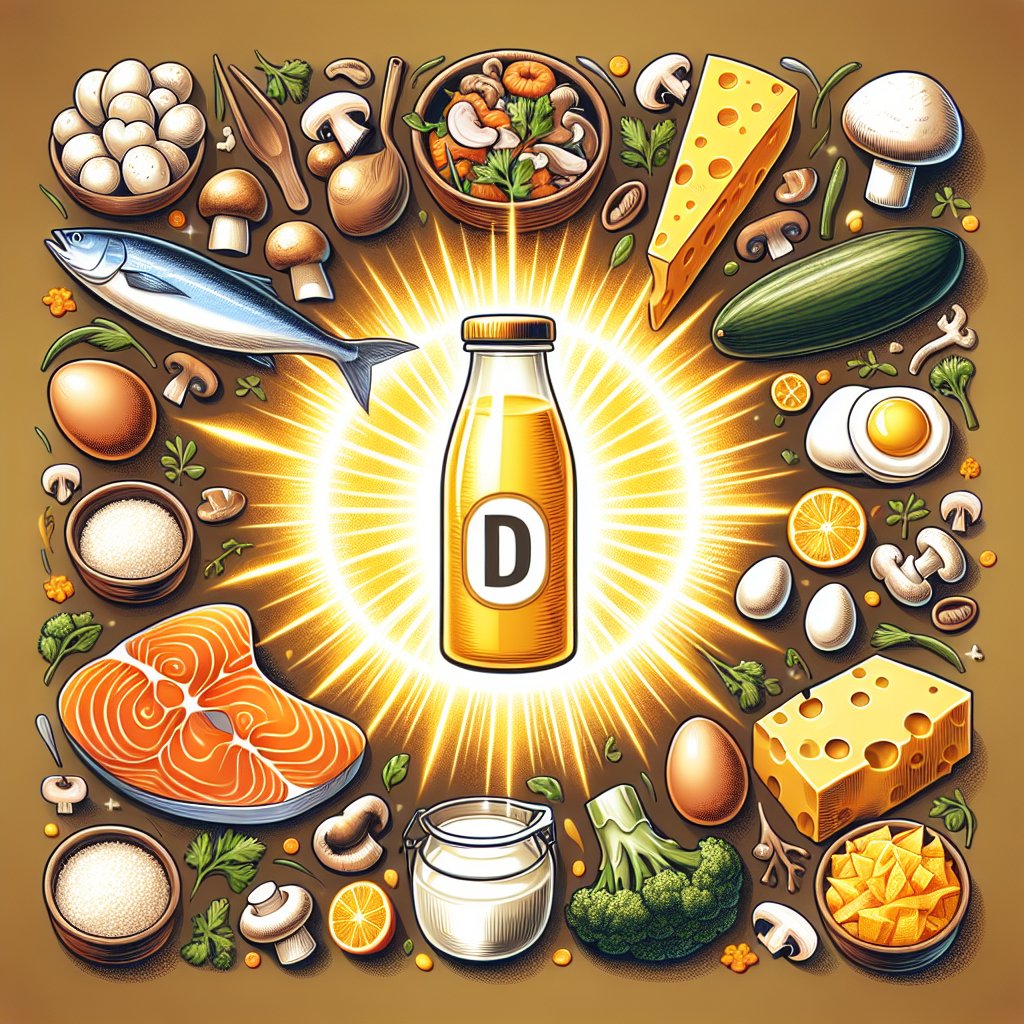 Assortment of Vitamin D-rich foods with Sunny D bottle radiating warm glow
