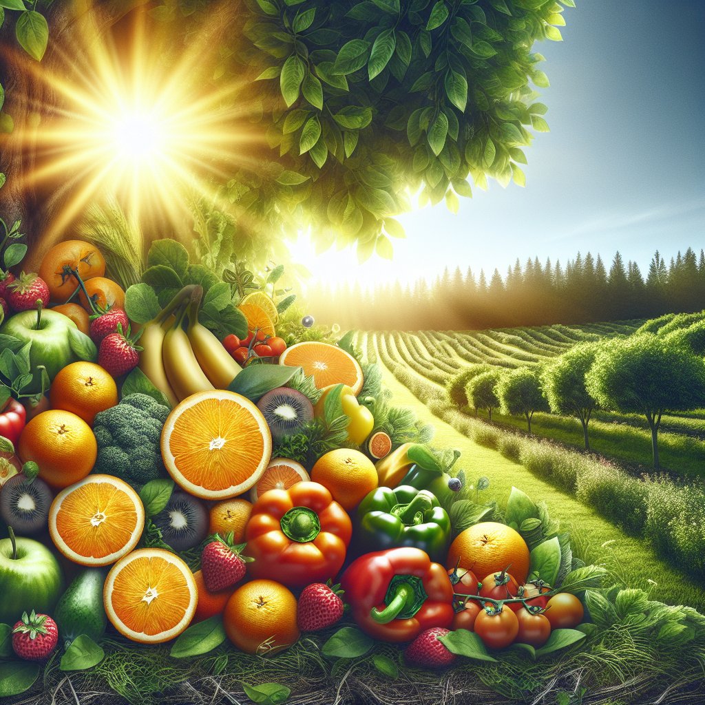 Assorted fresh fruits and vegetables basking in sunlight in a serene garden