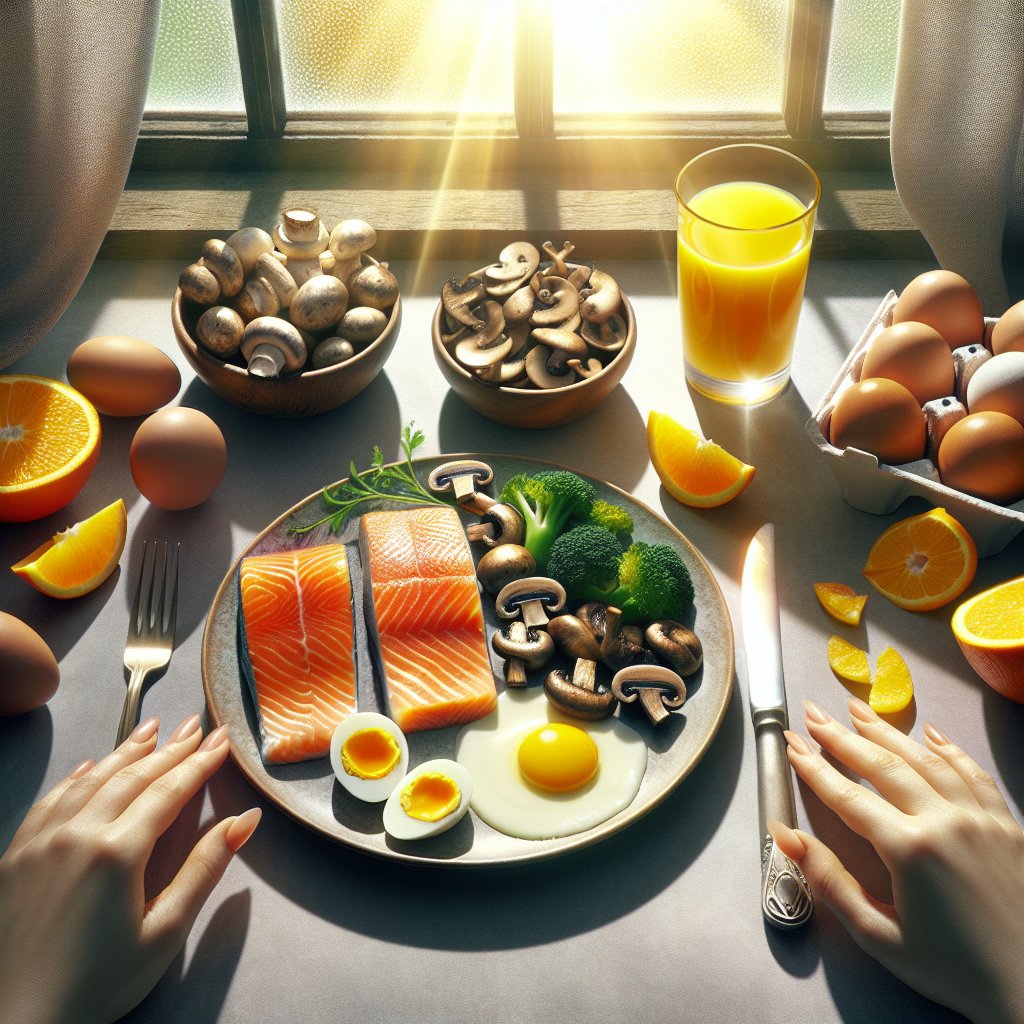 Colorful plate with salmon, mushrooms, eggs, and fortified orange juice, with emphasis on natural lighting and significance of sunlight for vitamin D synthesis