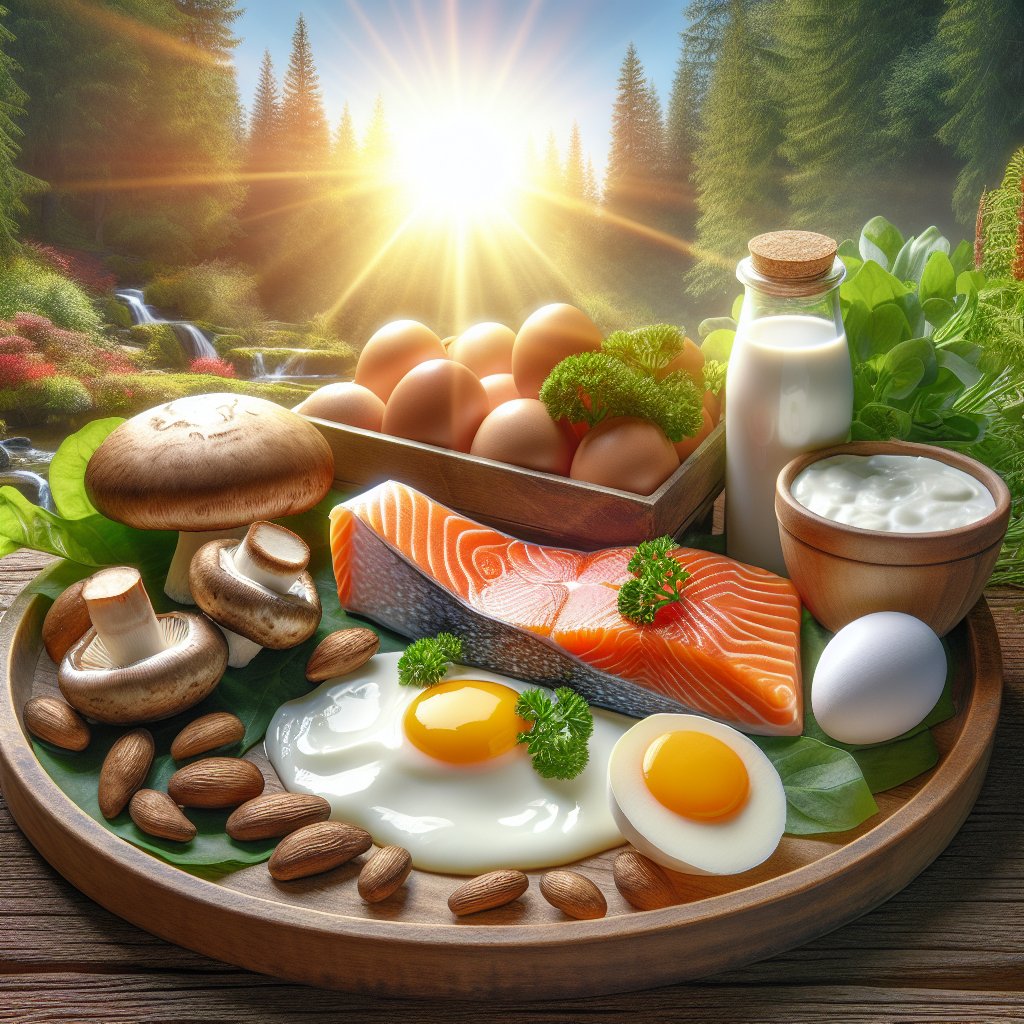 Vibrant and healthful plate featuring salmon, eggs, mushrooms, and fortified dairy products, set in a sunlit and natural environment.