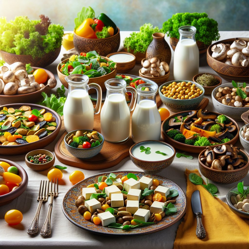A vibrant and diverse vegetarian meal spread featuring fortified plant milks, tofu, mushrooms, and leafy greens as sources of Vitamin D3.