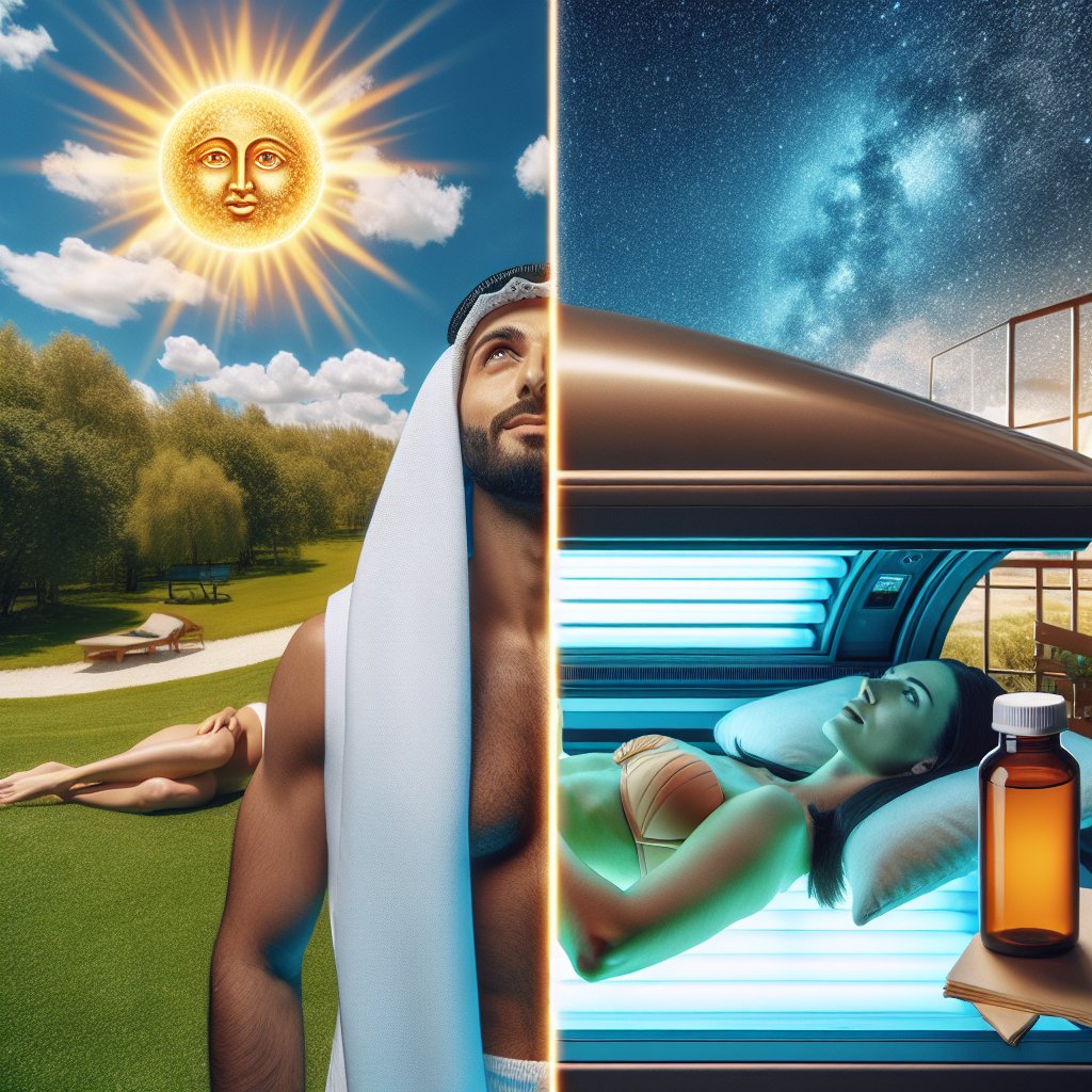 A split-screen comparison between a person basking in natural sunlight and a person using a tanning bed, highlighting the contrast between natural and artificial sources of Vitamin D intake.