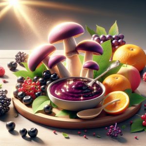 Vibrant and balanced plate with Vitamin D-rich mushrooms and Elderberry compote, representing the potential combination of these two supplements for health and wellness.