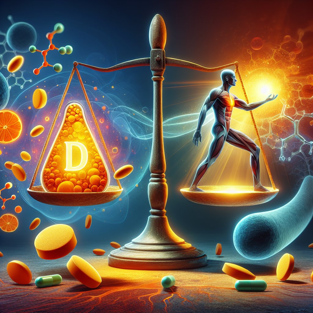 Vibrant image depicting Vitamin D and histamine on a scale in dynamic equilibrium.