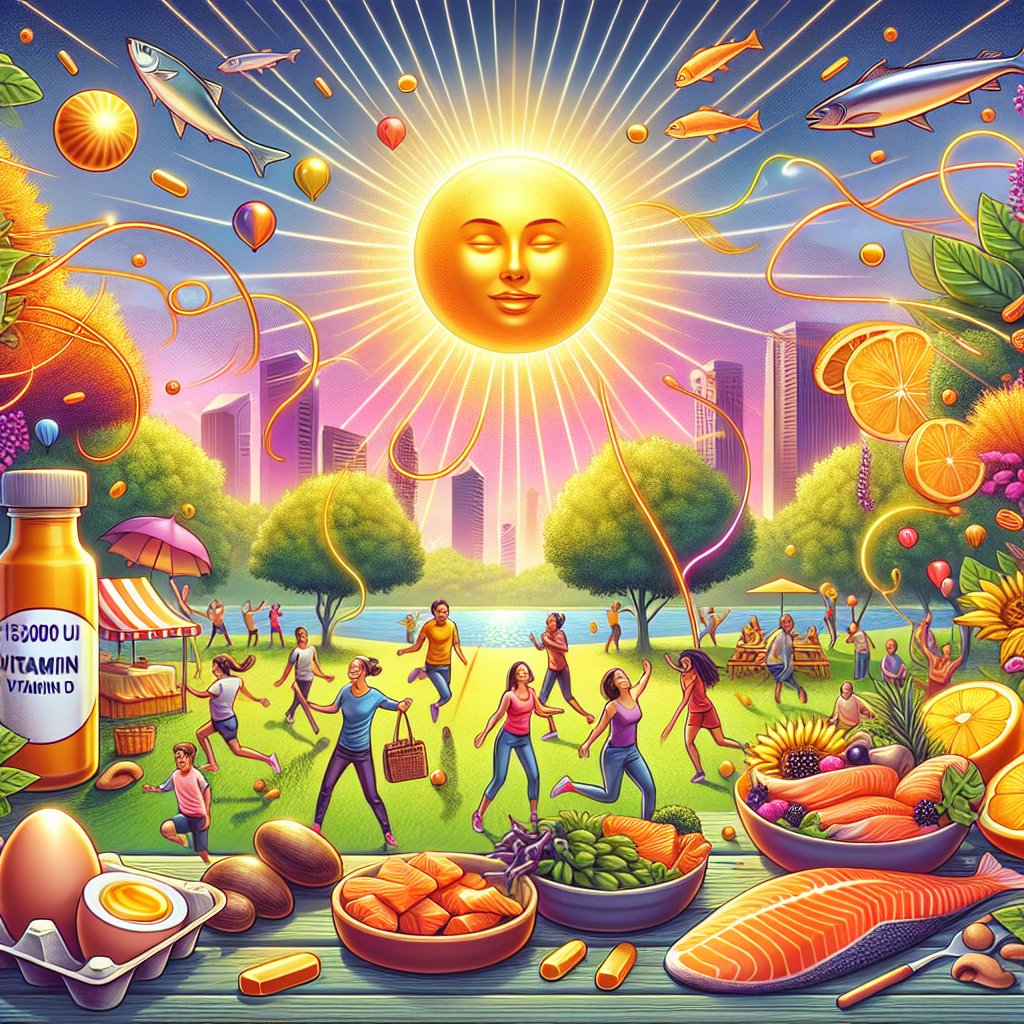 Vibrant scene with sunlight, healthy foods rich in Vitamin D, and a sense of energy and vitality.
