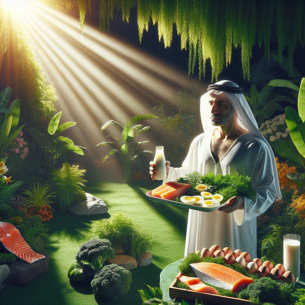 Person holding plate of vitamin D-rich foods surrounded by vibrant greenery in a sunlit garden
