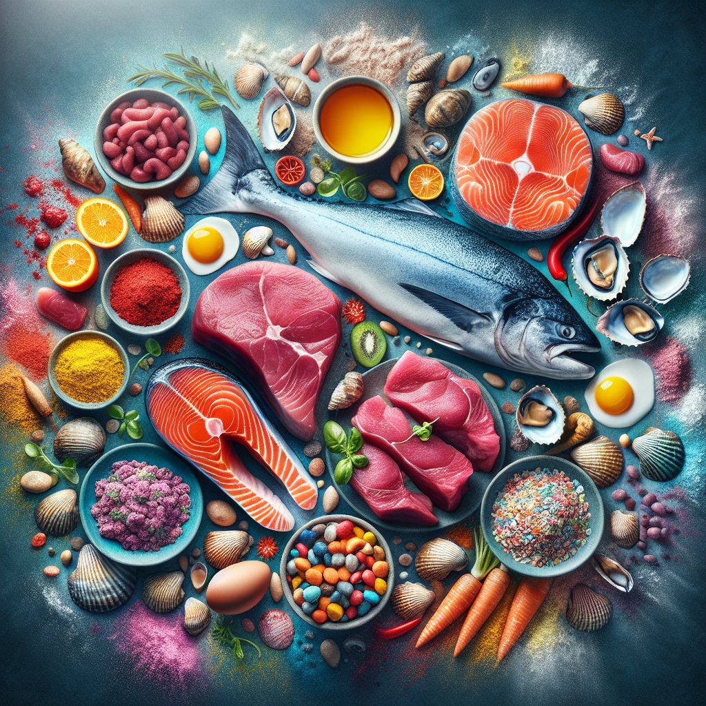 Colorful spread of salmon, tuna, beef, clams, and fortified cereals to highlight the variety of sources of Vitamin B12.