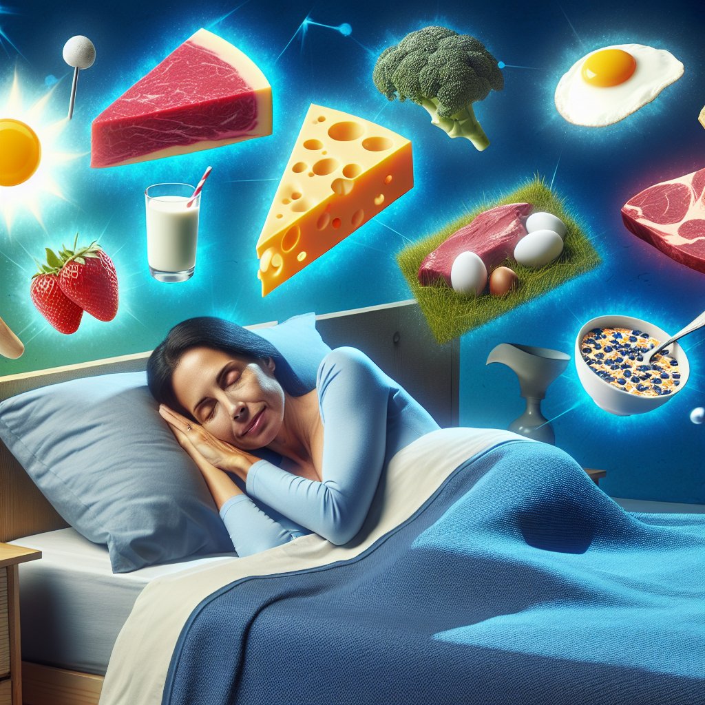Person peacefully asleep in bed surrounded by colorful Vitamin B12 sources
