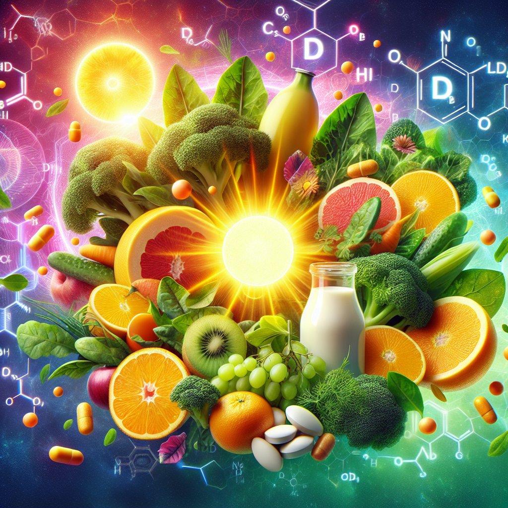 Assortment of vitamin-rich foods including leafy greens, citrus fruits, and dairy products, with a glowing sun and chemical structure symbolizing the significance of Vitamin B and D for promoting overall health.