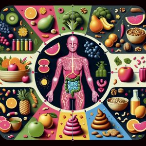 Vibrant and balanced display of vitamin-rich foods with subtle visual cues related to constipation