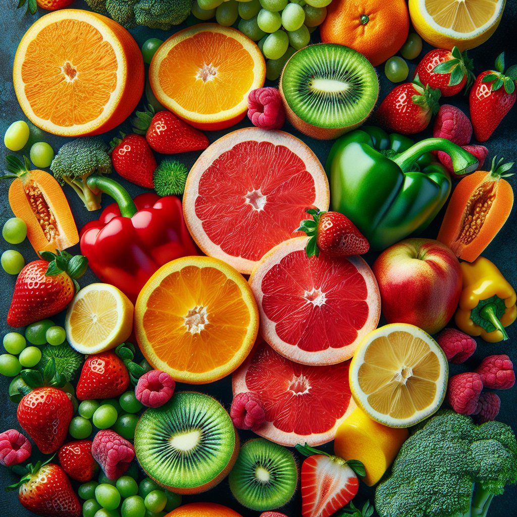 Assortment of colorful citrus fruits, bell peppers, strawberries, kiwi, and broccoli showcasing their natural abundance and potential to support digestive health.