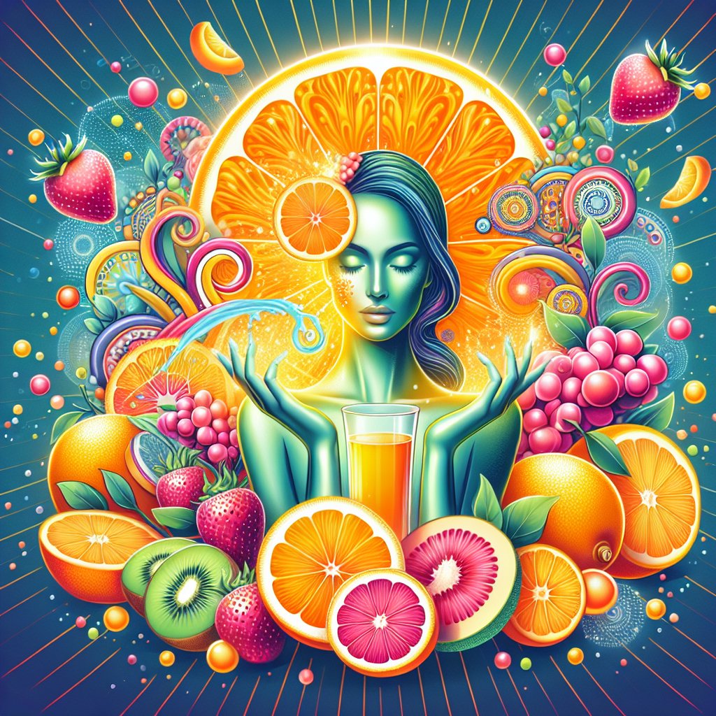 Illustration of vibrant oranges, strawberries, and kiwi next to glowing and healthy skin to convey the link between Vitamin C and skin radiance