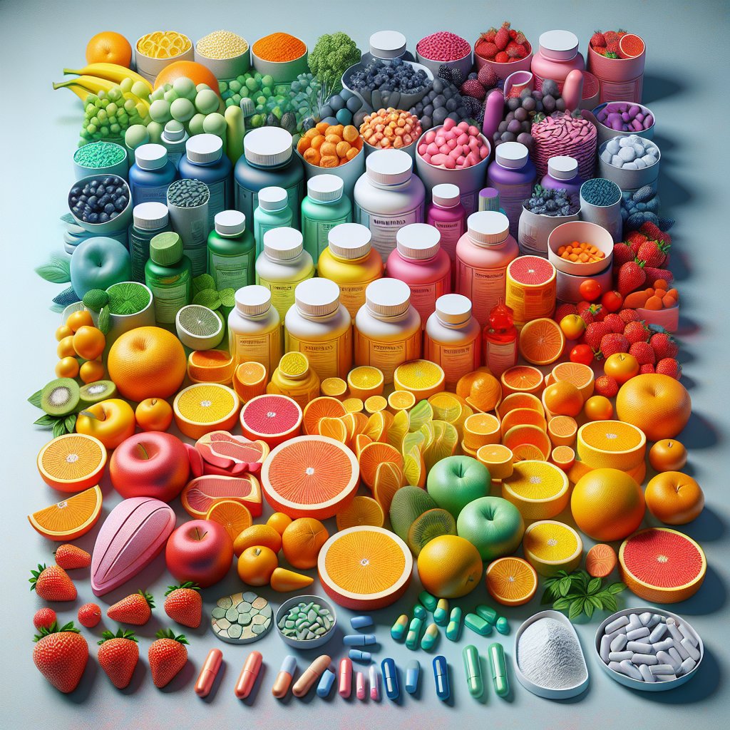 Assorted Vitamin C supplements displayed with fresh fruits and vegetables for effective wound healing