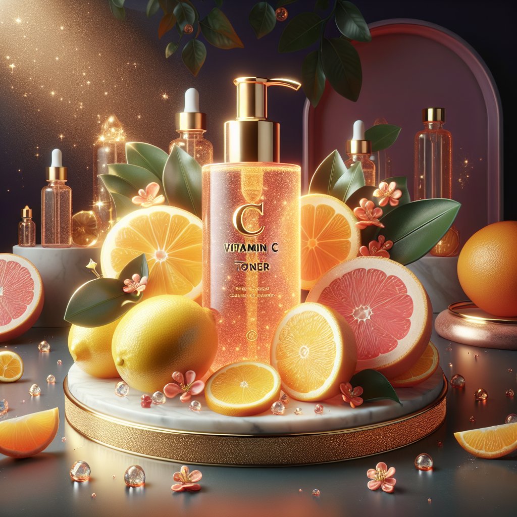 Luxurious vitamin C toner bottle surrounded by fresh citrus fruits, symbolizing the powerful benefits of vitamin C for glowing skin.