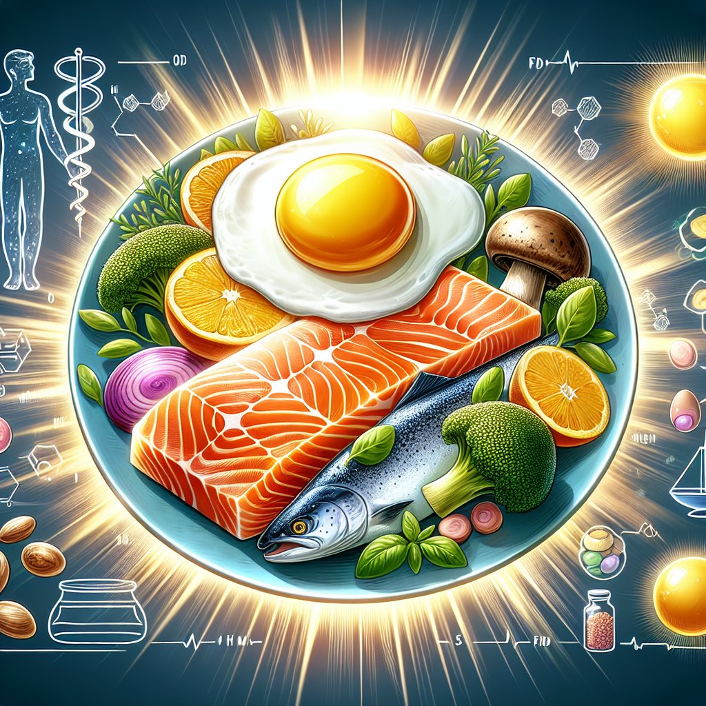 Vibrant plate featuring salmon, eggs, and mushrooms, with a medical symbol, promoting immune support and well-being.
