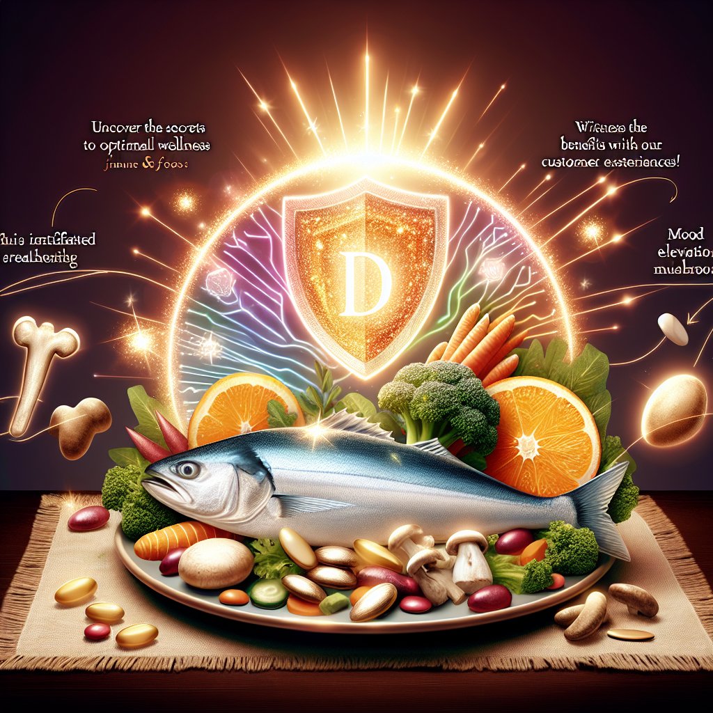 Colorful plate with fatty fish, fortified foods, and sunlit mushrooms showcasing health benefits of Vitamin D3