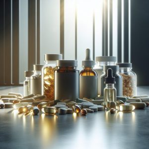 Assorted Vitamin D3 supplements including capsules, tablets, and liquid drops, arranged neatly on a modern surface with natural sunlight streaming in through a window.