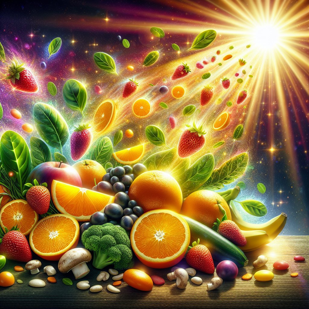 Vibrant fruits and vegetables illuminated by radiant sun, symbolizing the importance of Vitamin D3 for skin health