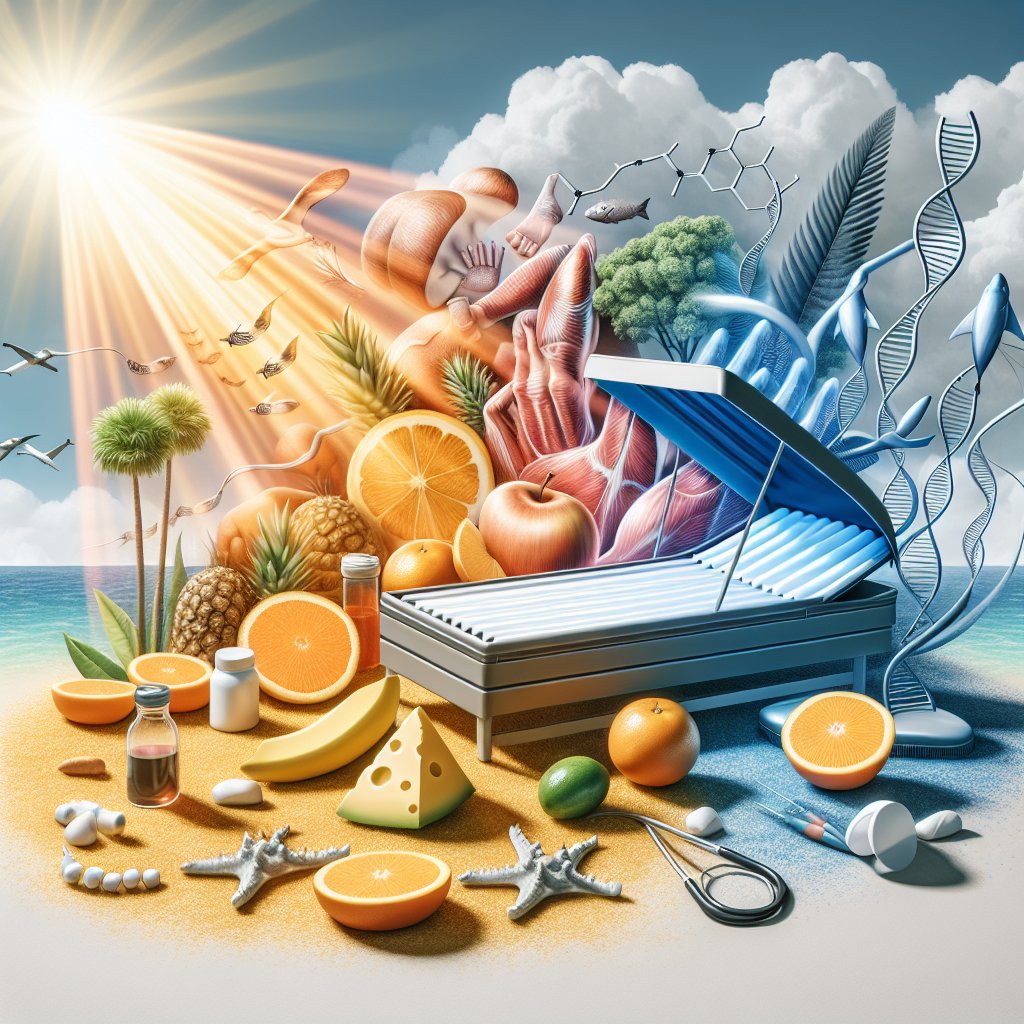 Image depicting natural sources of Vitamin D, including sunlight and healthy foods, with a subtle inclusion of a tanning bed as an alternative method of obtaining Vitamin D.