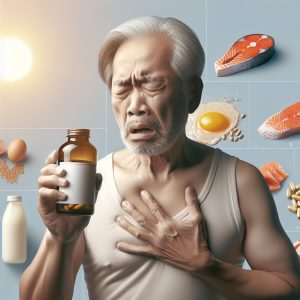 Person holding Vitamin D bottle experiencing acid reflux discomfort