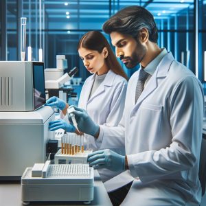 Healthcare professionals analyzing Vitamin D samples in a modern laboratory