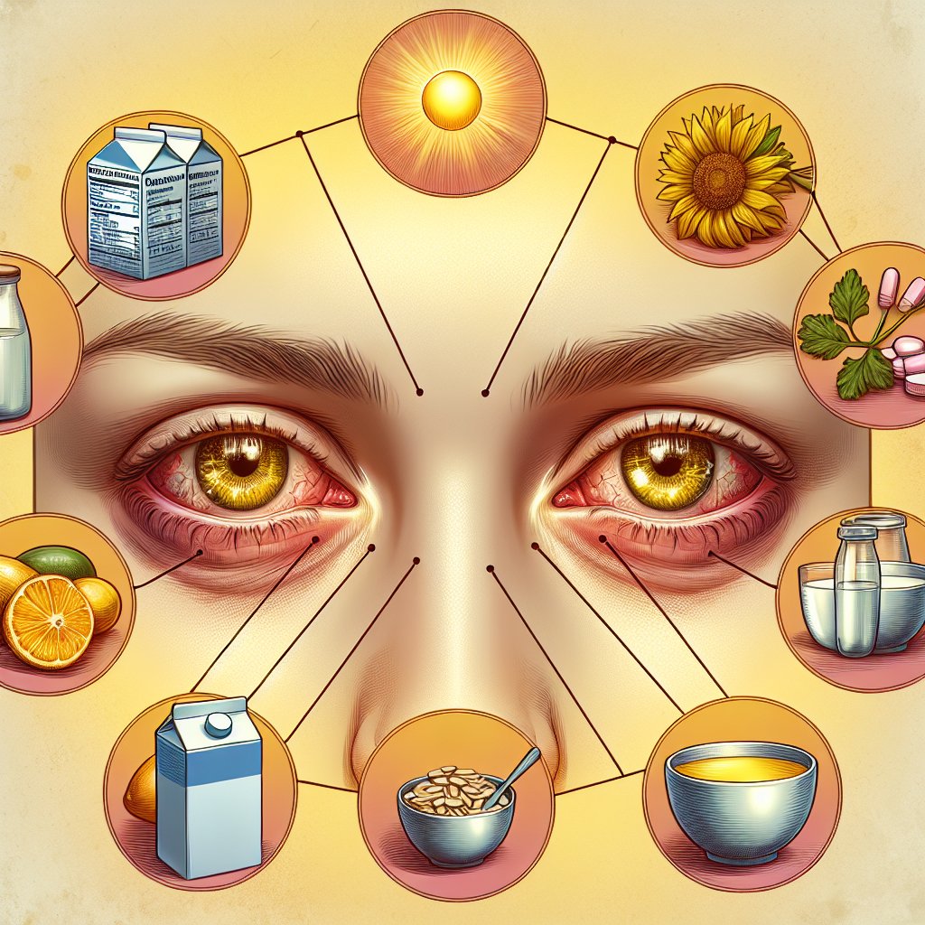 Pair of tired eyes with a subtle yellow tint, hint of redness, and visual representations of sunlight, fortified foods, and supplements to convey the impact of Vitamin D deficiency on eye health.