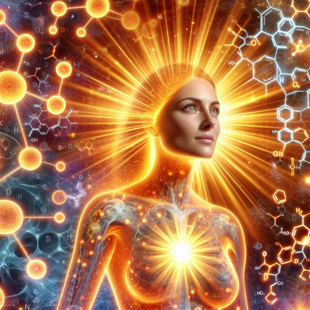 Vibrant human figure glowing with inner vitality, surrounded by intricate molecular structures