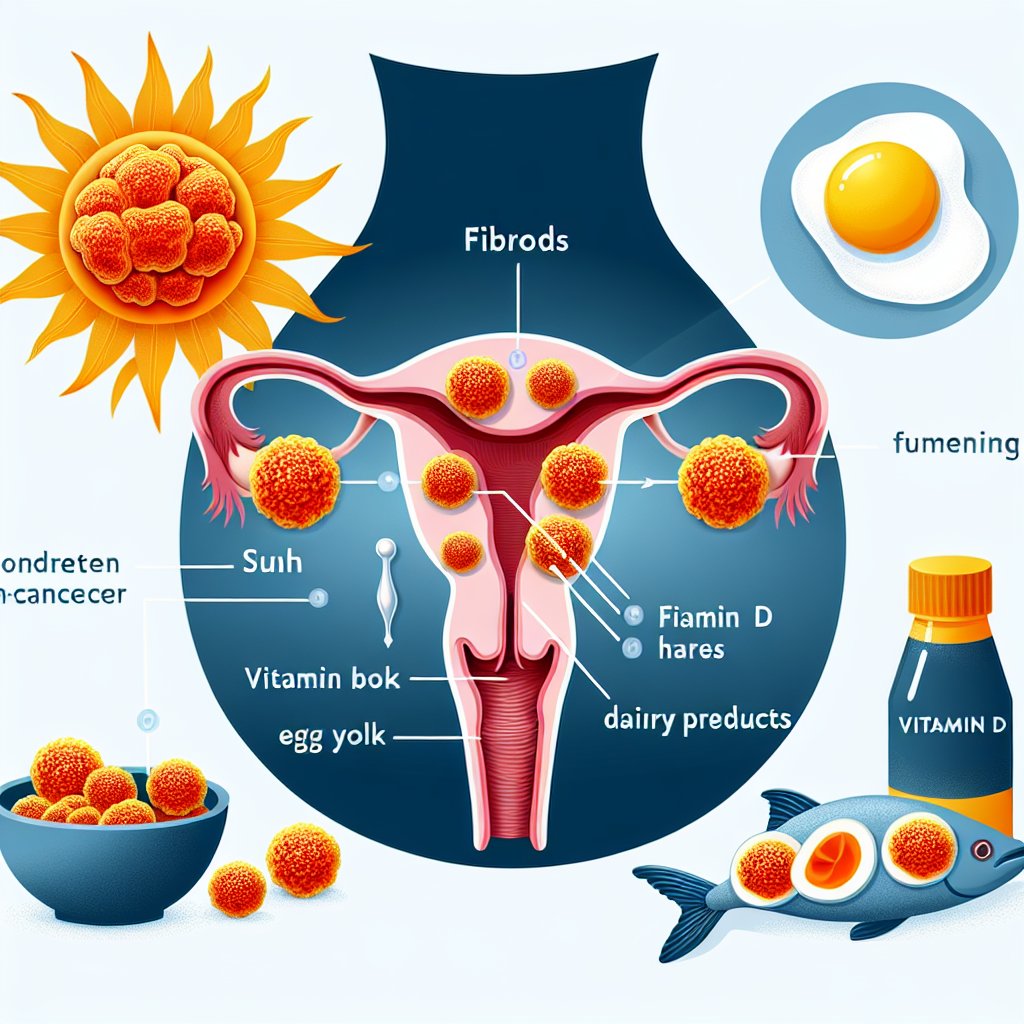 Illustration of fibroids in the body with sunlight representing Vitamin D