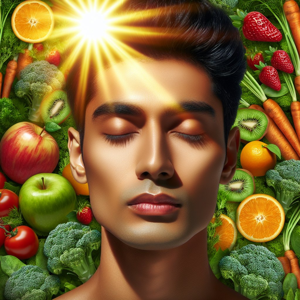 Person basking in sunlight surrounded by fruits and vegetables, signifying good health and vitality.
